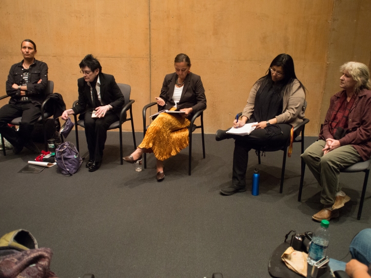 The program concluded in the evening with a roundtable panel of scholars, activists and authors who discussed John's legacy and their current work around social and environmental justice. (Left to right) Klee Benally, Roxanne Dunbar-Ortiz, Nicole Horseherder, Laura Harjo, and Kay Matthews.