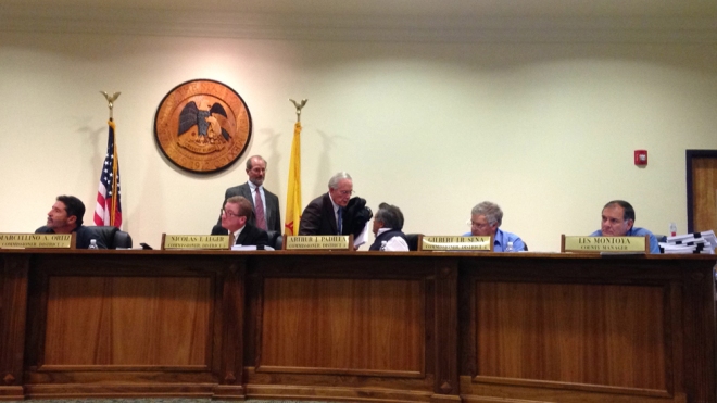 San Miguel County Board of Commissioners (L to R: Commissioner Marcellino Ortiz, Nicolas Leger, Consultant Steve Burstein, Dr. Bob Freilich, Commissioner Art Padilla, Commissioner Gilbert Sena, County Manager Les Montoya) final Oil and Gas Ordinance Public Hearing, 3 November 2014. 